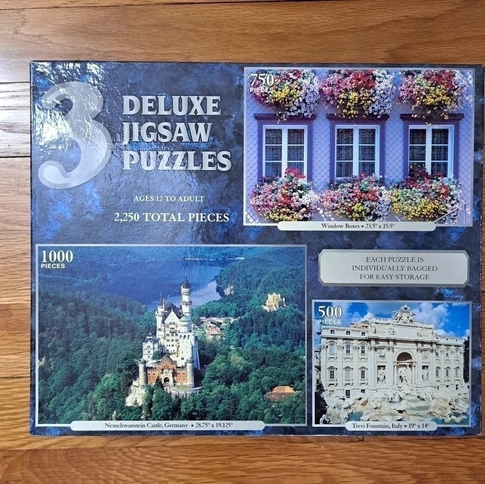 3 Deluxe Jigsaw Puzzles Castle Window Box Fountain New In Box 2250 Pieces
